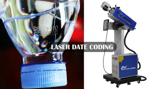 Codage de date d'expiration Numéro d'impression de logo Marquage Laser CO2 Machine volante pour bouteille d'eau en plastique Cosmétiques pharmaceutiques Alimentaire PE PP Numérotation Marqueur de câble